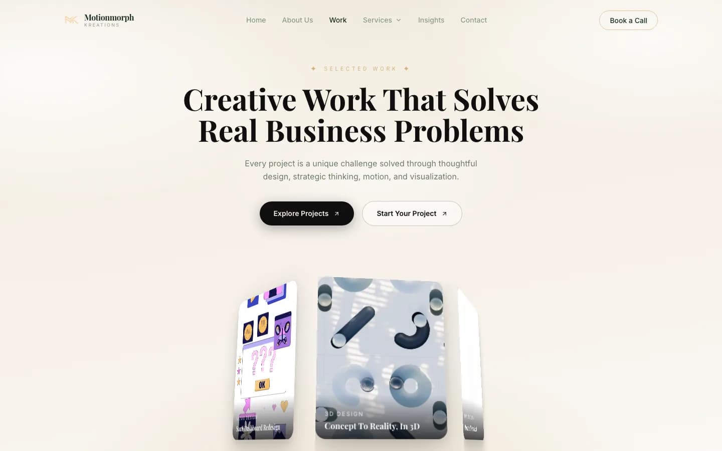 Motionmorph Kreations website work page listing selected projects
