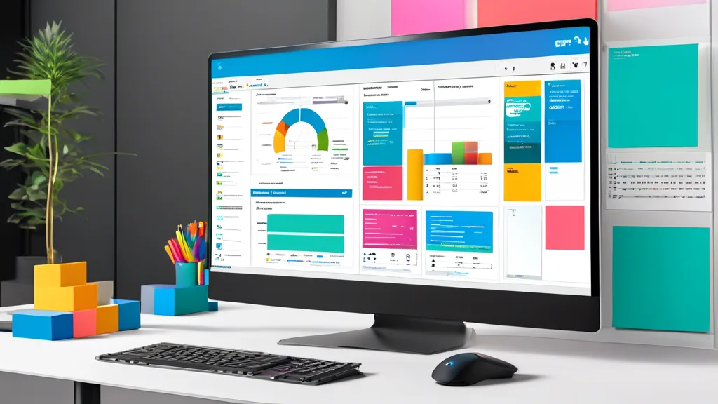 A computer screen displaying a colorful no-code AI dashboard with charts and data, symbolizing simplified no-code AI creation.