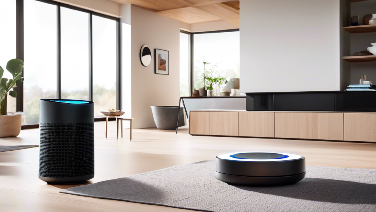 Modern living room featuring a smart speaker and robotic vacuum, illustrating AI integration in daily life for the article on smart assistants.