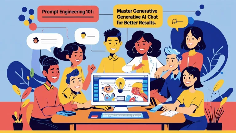 Futuristic classroom with digital screens displaying artificial intelligence prompts, laptops on round tables, illustrating prompt engineering concepts.