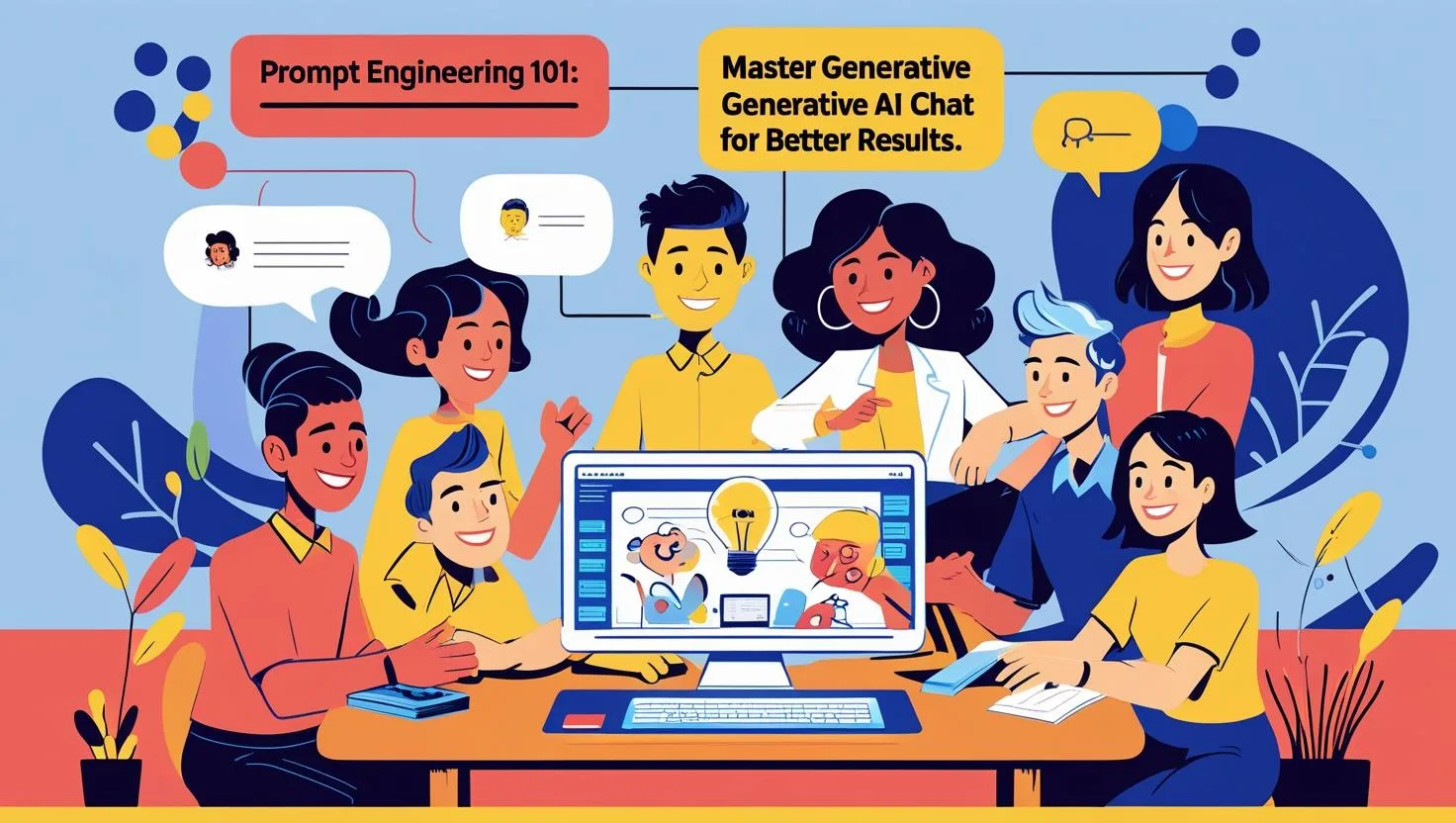 Futuristic classroom with digital screens displaying artificial intelligence prompts, laptops on round tables, illustrating prompt engineering concepts.