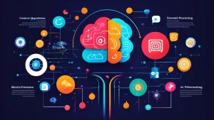 Colorful infographic of a brain symbol with networking icons, representing ai in marketing tools for creating, targeting, and converting.