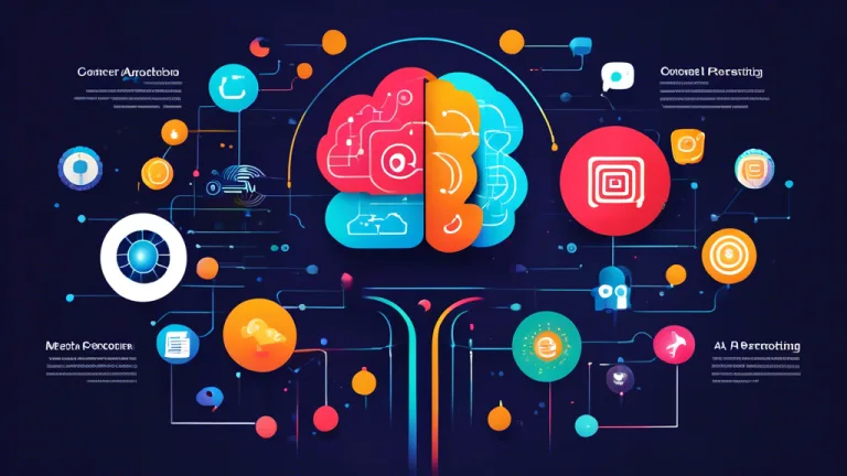 Colorful infographic of a brain symbol with networking icons, representing ai in marketing tools for creating, targeting, and converting.