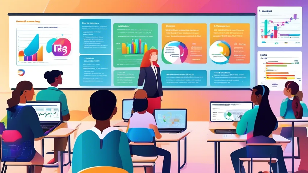 Teacher and students use laptops and digital screens with graphs and charts in a classroom, illustrating AI's role in modern education.