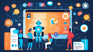 An AI robot and diverse people interact with technology symbols on a tablet, illustrating AI's accessibility for beginners.