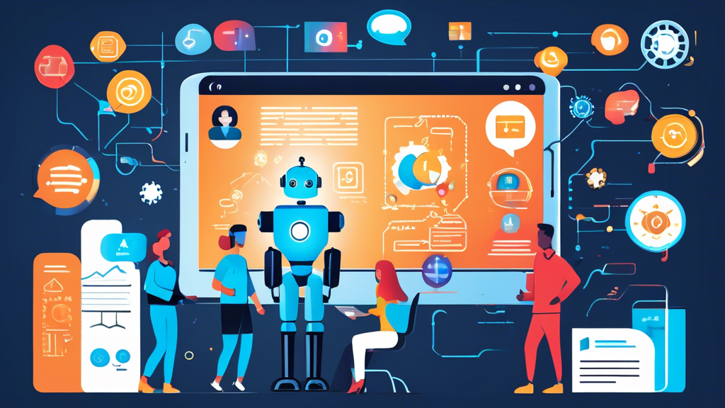 An AI robot and diverse people interact with technology symbols on a tablet, illustrating AI's accessibility for beginners.