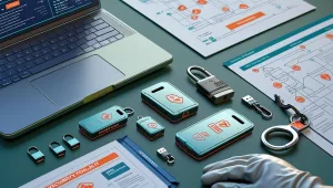 A comprehensive cybersecurity toolkit featuring laptops, threat intelligence dashboards, code snippets, and security icons representing real-time monitoring and defense strategies.