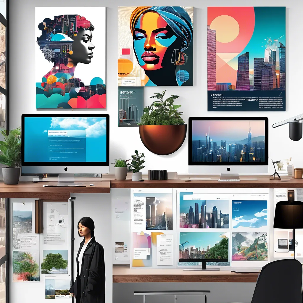 Modern workspace featuring AI-generated art, computer screens with design software, and a person reviewing creative projects.