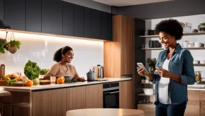 Two women in a kitchen use smartphones for recipe guidance and shopping lists, illustrating Artificial Intelligence's role in modern cooking and meal planning.