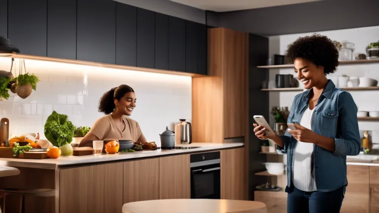 Two women in a kitchen use smartphones for recipe guidance and shopping lists, illustrating Artificial Intelligence's role in modern cooking and meal planning.