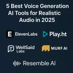 Cover image for blog post '5 Best Voice Generation AI Tools for Realistic Audio in 2025' featuring logos of ElevenLabs, Play.ht, WellSaid Labs, Murf AI, and Resemble AI on a dark blue background.