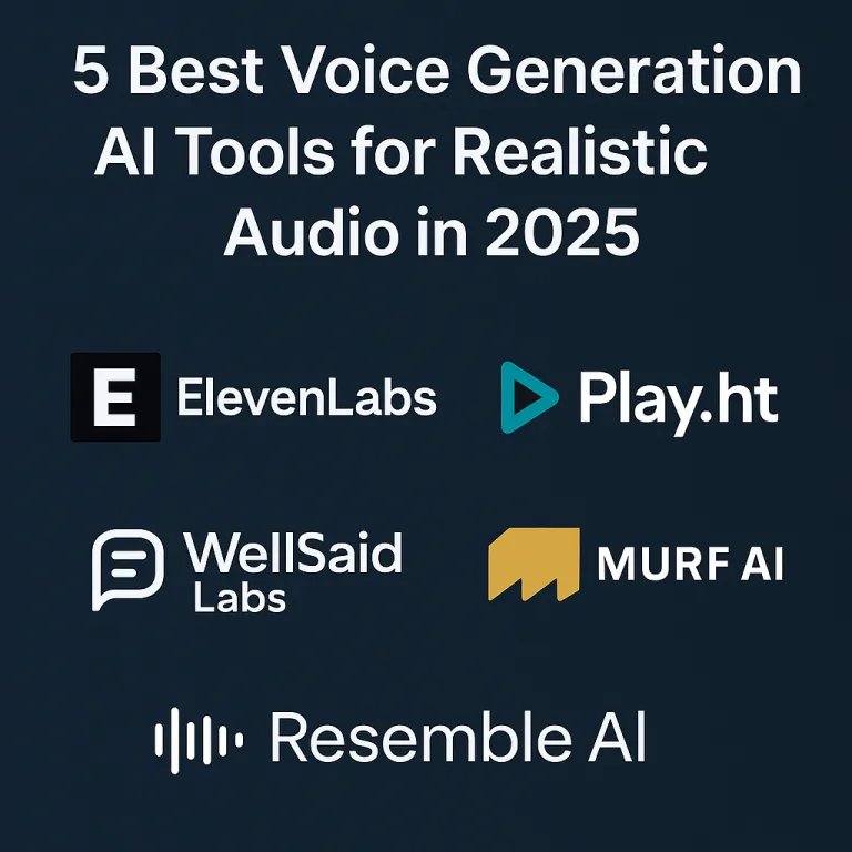 Cover image for blog post '5 Best Voice Generation AI Tools for Realistic Audio in 2025' featuring logos of ElevenLabs, Play.ht, WellSaid Labs, Murf AI, and Resemble AI on a dark blue background.